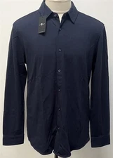 7 For All Mankind Long Sleeve Pique Knit Button Down Shirt Navy Blue Size Large