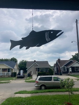 Stainless steel Salmon wind art mobile.  it measures  22''-7''. I cut it by hand.