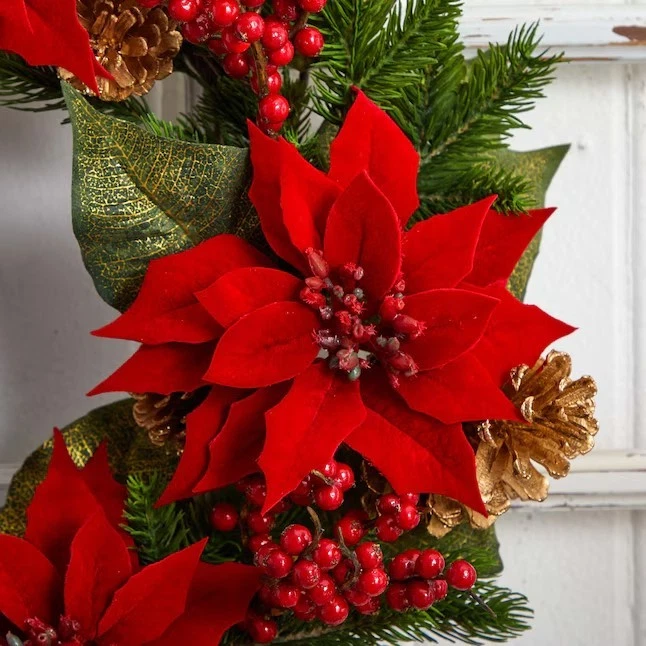 Brand New Nearly Natural 24" Poinsettia Berry & Golden Pinecone Christmas Wreath - Image 4 of 4
