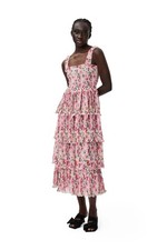 Ganni Midi Dress Women 42 Pink Georgette Smock Tiered Ruffle Square Neck FROG204