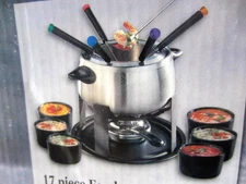 Trudeau 17 Piece Stainless Steel Fondue Set With Stoneware Bowls NIB Free Ship