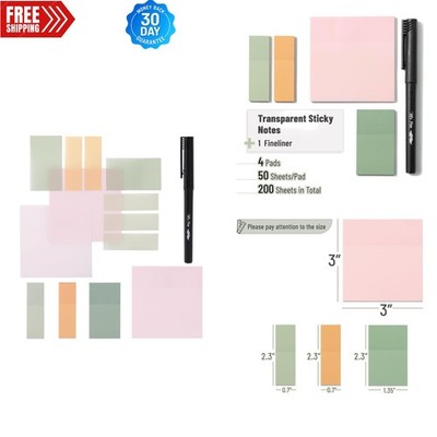 200 Sheets of Transparent Pastel Sticky Notes - Perfect for Study & Planning