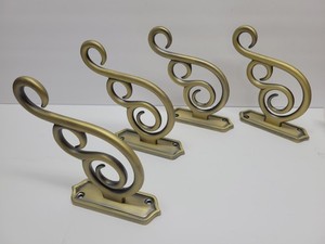 4 LOT POTTERY BARN SWIRL SCROLL WALL BRACKET OR CURTAIN ROD HOLDER BRUSHED BRASS