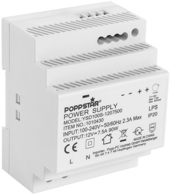 Poppstar Netzteil für Hutschiene 12V DC 7,5A 90W (Input 100-240V AC) weiß