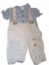 Vintage Baby Boys' Blue Shirt and Striped Overalls Set with Suspenders