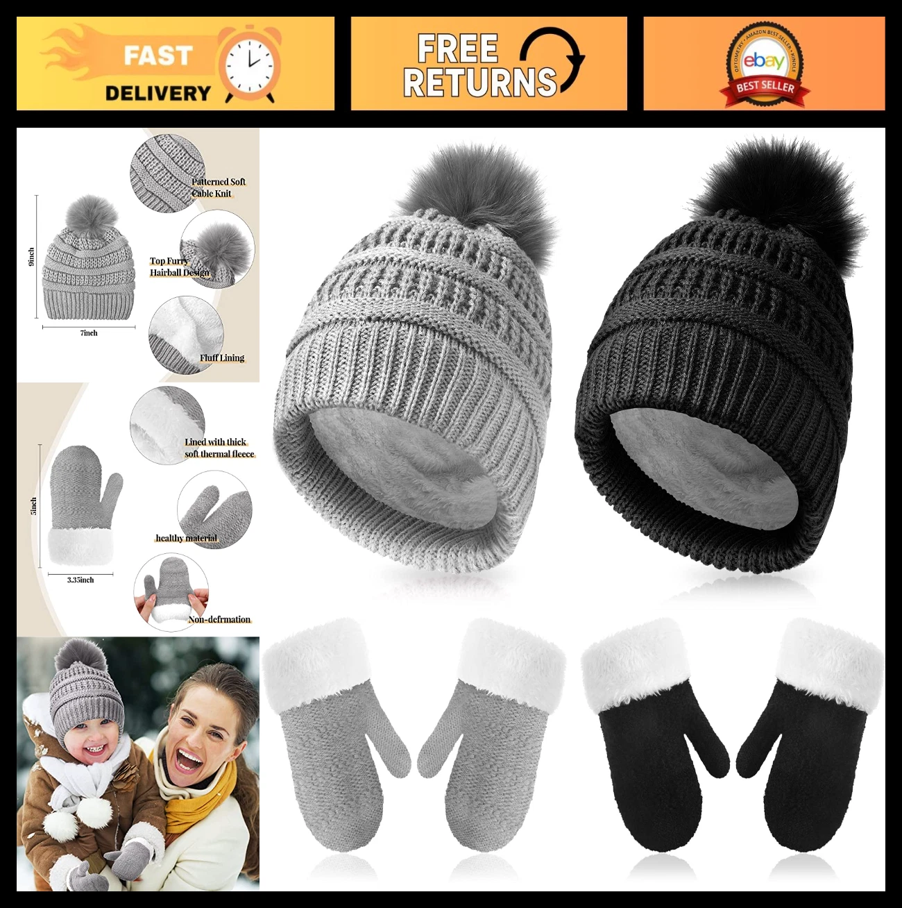 Cozy Toddler Beanie Hats & Mittens Set - Fleece Lined Winter Warmth for Kids