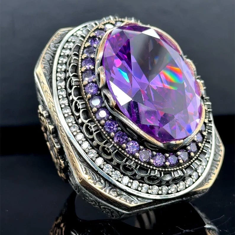 Anillo grande de plata 925 con piedras preciosas de amatista púrpura para hombre Foto 3 de 4