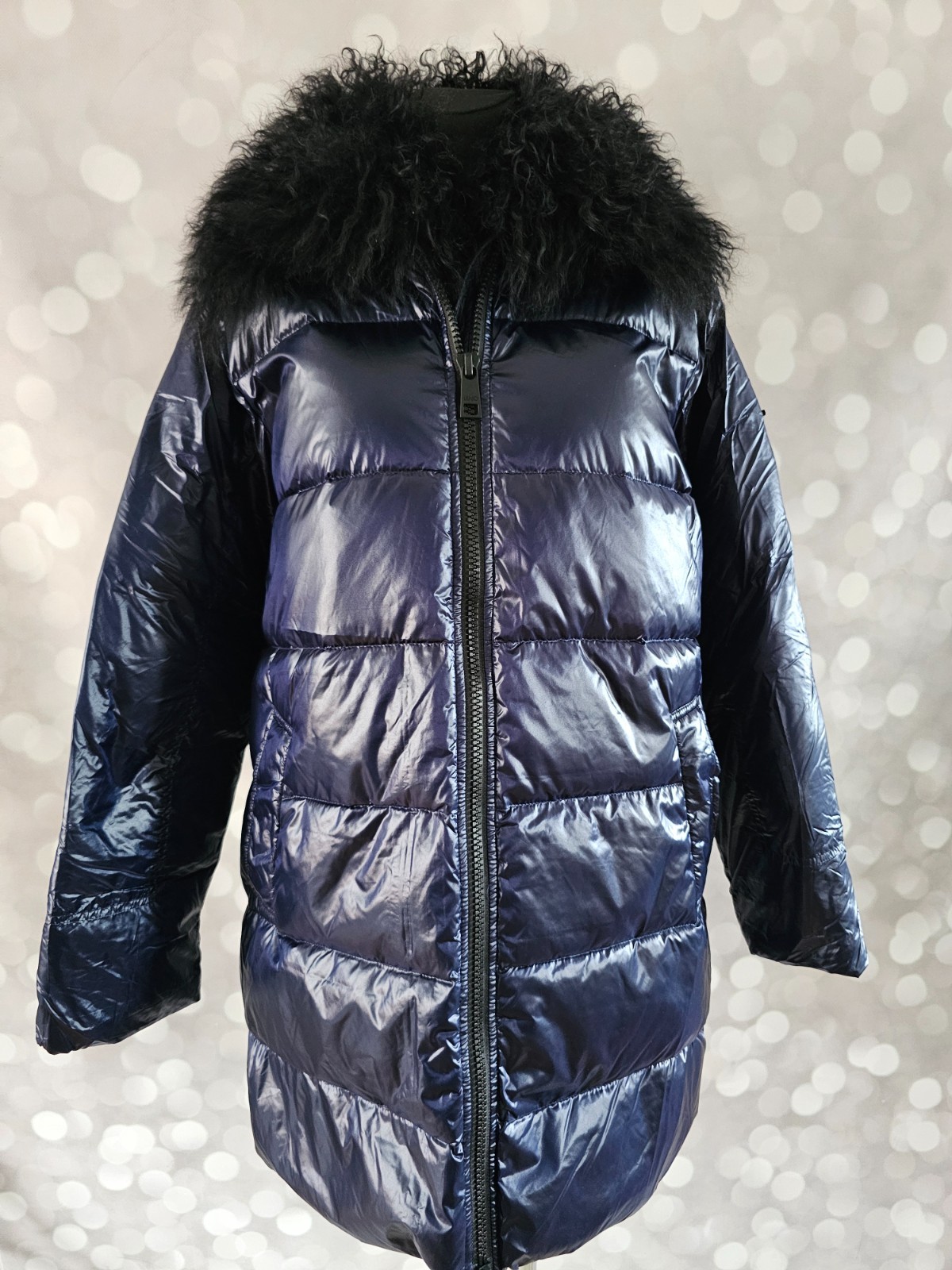 Liu Jo Women’s Long Puffer Coat Fur Collar Blue Night Shiny Parka Size EU 42 NWT