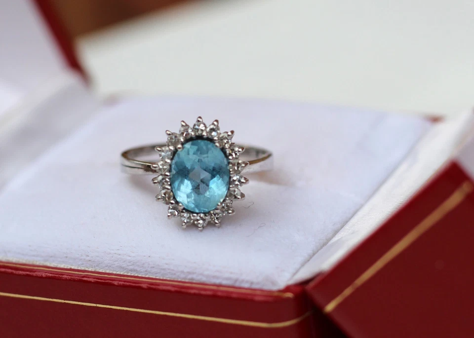 Bague Or Blanc 18K Aigue-Marine Diamants Pompadour Vintage T55 Expertisée - Photo 2/4