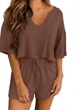 Women's V Neck Short Sleeve Pajama Sets Waffle Knit Tops and Shorts 2 Piece T...