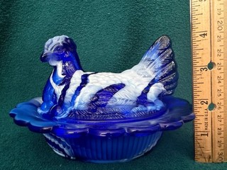 Mosser Cobalt and White Swirl Slag Glass Hen on Covered Dish