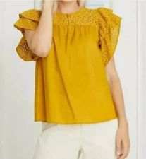 A New Day Women’s Top Medium Mustard Yellow Cotton Eyelet Ruffle Sleeve NEW