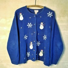 523. vintage blue winter snowman beaded embroidered cardigan sweater, M
