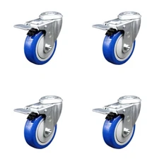 4 Inch Blue Polyurethane Swivel Bolt Hole Caster Set with Total Lock Brake SCC