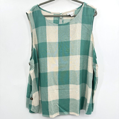 Ava & Viv Linen Blend Plaid Tank Top Size 3X Green Beige Button Detail New