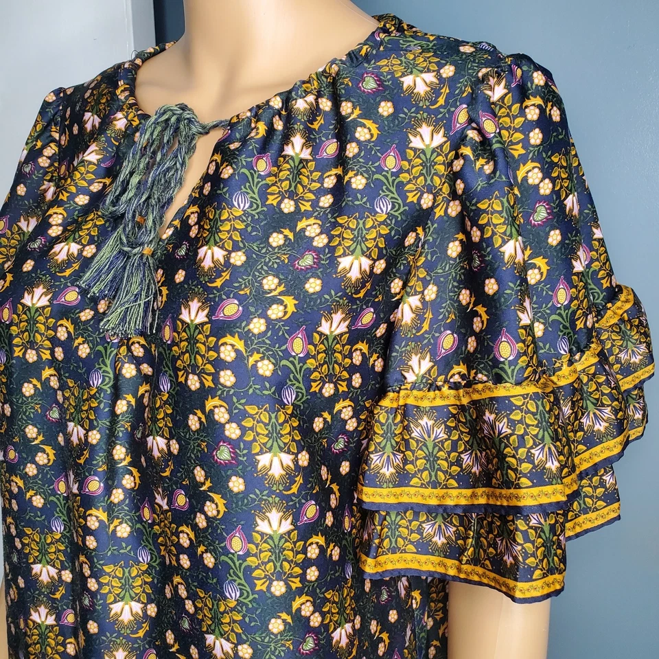 DE COLECCIÓN MUJER TALLA S FLORAL MULTICOLOR CAMPESINO TOP LARGO TÚNICA MANGAS CON VOLANTES Foto 3 de 4