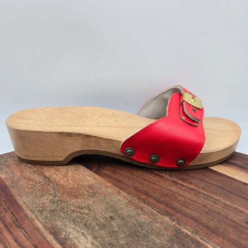 Dr Scholls Sandals Women's 9 Red Tan Leather Wooden Exercise Clog Slide Austria