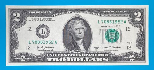TRAILING YEAR 1952 (L 7086 1952 A) $2 Two Dollar Bill Serial Number 2017A*UNC* - Picture 2 of 3