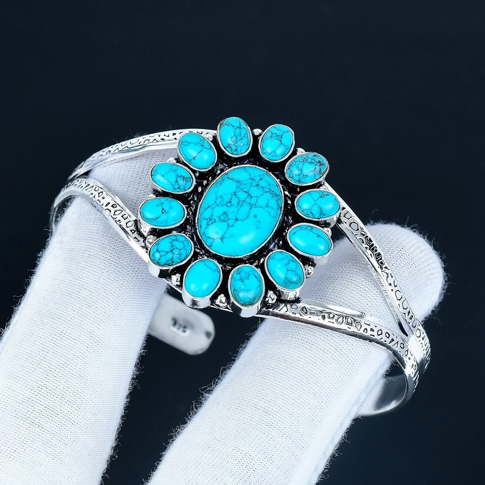 925 Sterling Silver Natural Turquoise Gemstone Handmade Jewelry Cuff Bracelet - Image 3 of 4