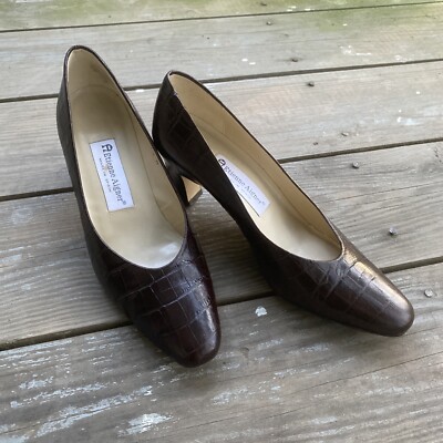 Etienne Aigner Croc Embossed Brown Leather Pumps Heels Shoes  display picture 1