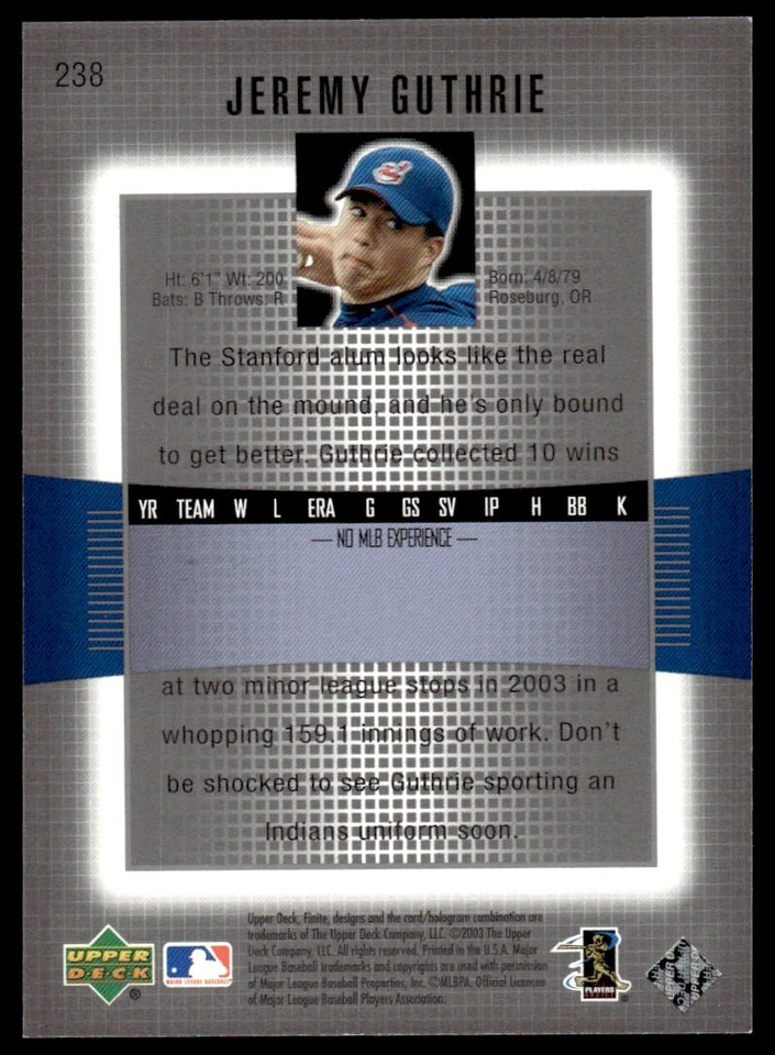 2003 Upper Deck Finite Jeremy Guthrie 0834/1299 Cleveland Indians #238 - Image 2 of 2