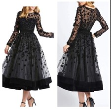 Mac Duggal Formal Embellished Beaded Cap Sleeve Midi  Gown Black NWT