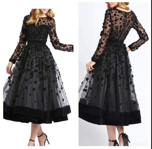 Mac Duggal formelles verziertes Perlen Flügelärmel Midikleid schwarz neu mit Etikett - Bild 1 von 5