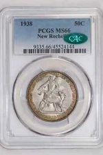 1938 NEW ROCHELLE SILVER COMMEMORATIVE HALF DOLLAR PCGS MS66 - PQ NICE TONING CA