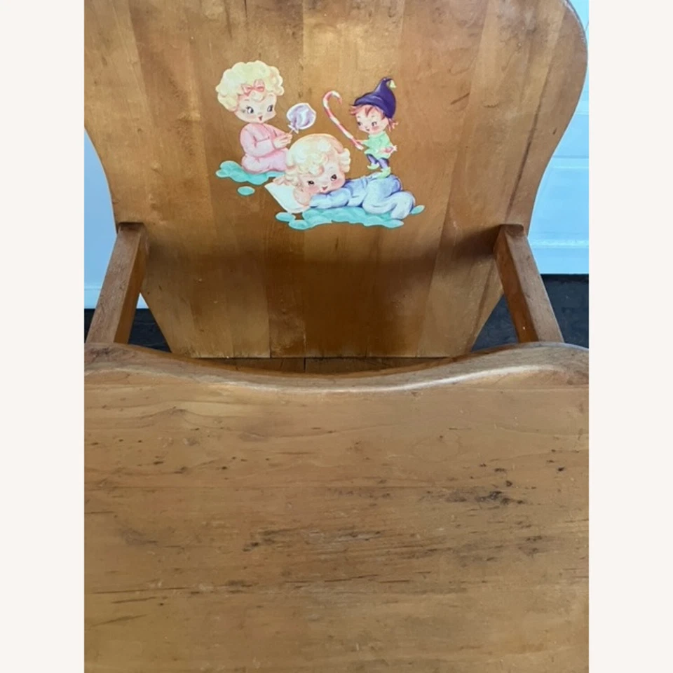 Antigua trona infantil vintage años 40 - 50 impresa madera clara con bandeja Foto 4 de 4