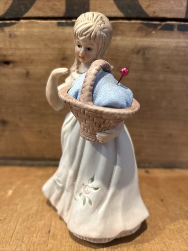 Vintage Porcelain Girl w Basket Pin Cushion Figurine - Picture 2 of 7