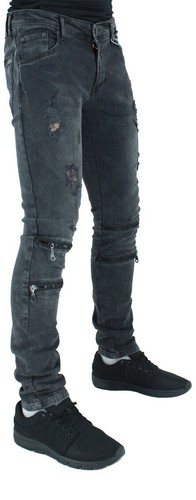 Men's Black Biker Denim King Slim Fit Ripped Jeans with Zips - Designer Frayed - Picture 2 of 4