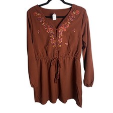 Size Small Burnt Orange Embroidered Tassel Tie Mini Dress Long Sleeves Boho