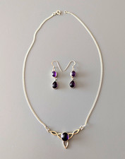 925 Sterling Silver Purple Oval Amethyst Pendant Necklace & Earrings Set