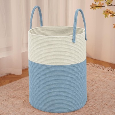 JMvicyroam Large Woven Laundry Basket Hamper,60L Cotton 60L, White and Blue