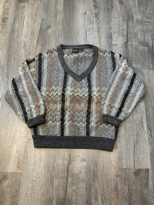 VTG 90s Leroy Knit Textured Multi Color V Neck Sweater Abstract LG S28