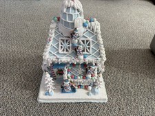Cupcakes Cashmere Christmas LightUp Pastel Blue Gingerbread House W/Penguins 14  