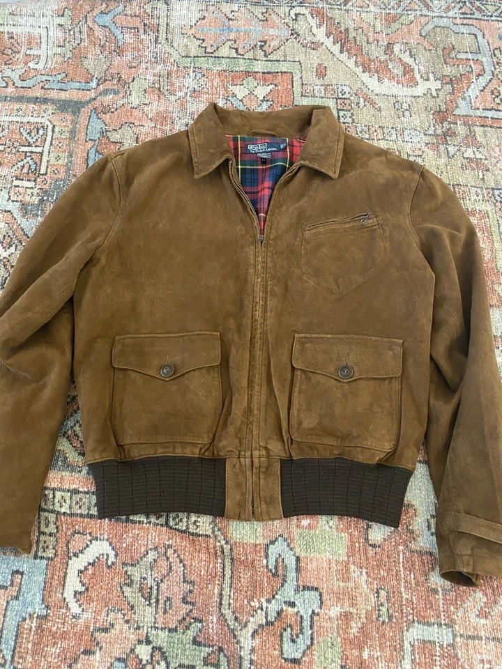 VTG Polo Ralph Lauren A2 Brown Suede Bomber Jacket Size L - Image 2 of 4