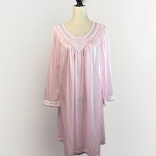 Vintage Shadowline Nightgown L Nylon Pink Flannel Lining Long Sleeve Soft Silky