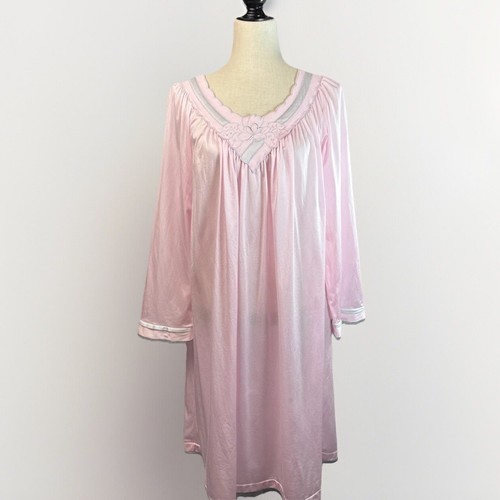 Vintage Shadowline Nightgown L Nylon Pink Flannel Lining Long Sleeve Soft Silky - Picture 1 of 13