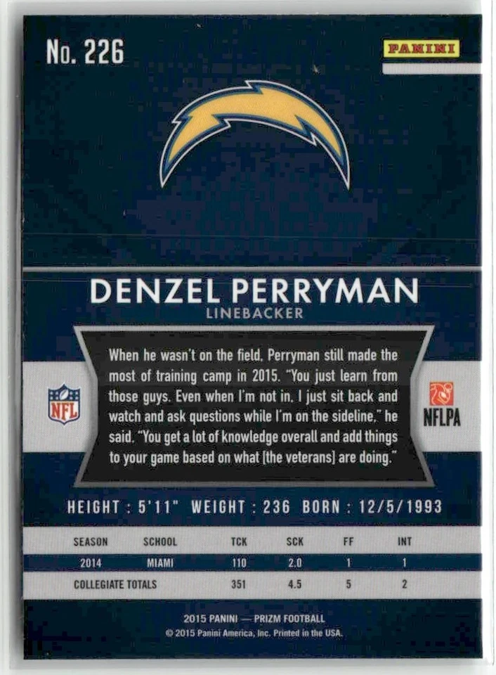 Denzel Perryman RC 2015 Panini Prizm San Diego Chargers #226 - Image 2 of 3