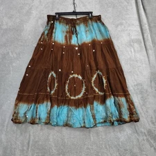 Vtg Y2K Tiered Skirt 1X Crinkle Maxi Tie Dye Ribbon Boho Brown Forest Fairy