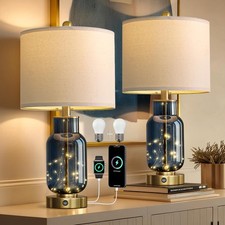 Oneach 22" Glass Table Lamps Set of 2, Blue Modern Bedside Lamp with LED Nigh...