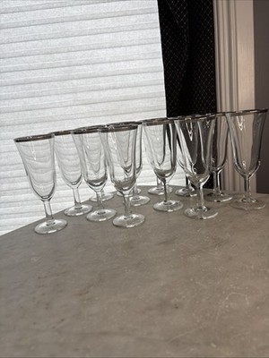 Vintage French Plantinum Rim Wine Glass Set Of 12+1 MCM Luminarc France 60s