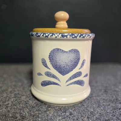 90s Kitchen Canister Blue Splotch Heart Design Cottagecore Lid Small Vintage