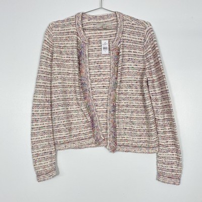 Loft Blazer Womens Medium White Multi Boucle Open Front Knit Cardigan Jacket