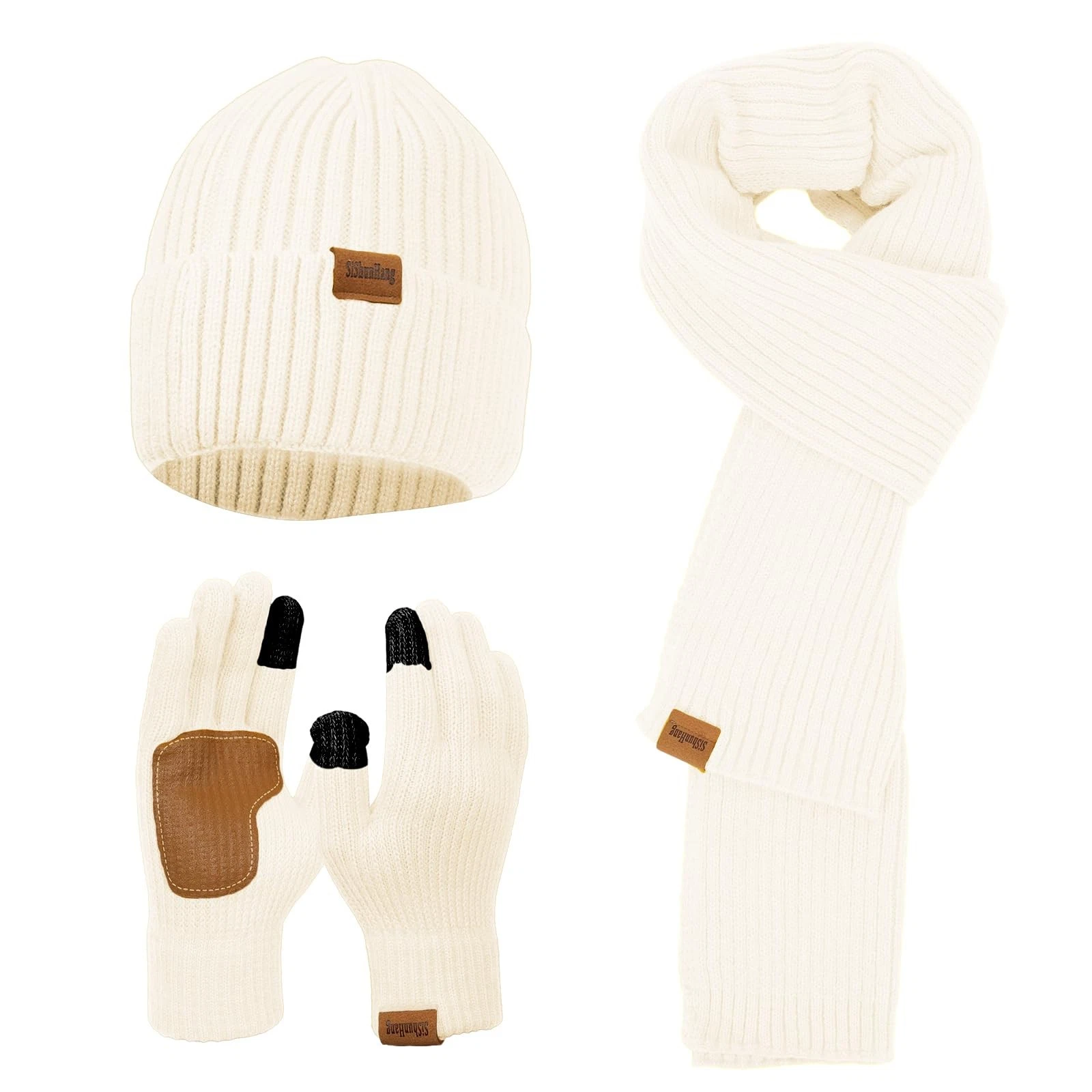 Winter Knit Beanie Hat Scarf Gloves Cold Weather Set, Warm Knit Beanie Long S...