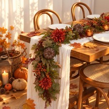 Fall Garland for Mantle, 6FT Pumpkin Maple Leaves Garland