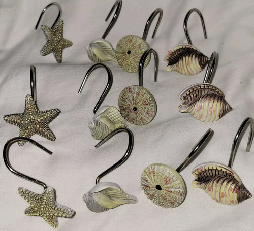 Nautical Shower Curtain Hooks Shells Starfish Sand dollars Set of 12 Resin Ocean - Picture 2 of 6