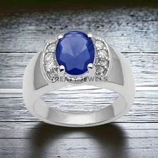 Blue Sapphire Oval Cut Gemstone With 925 Sterling Silver Ring For Men's #318 *