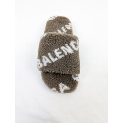 Balenciaga All Over Logo Furry Slides in Dark Mink Grey/White BNWB